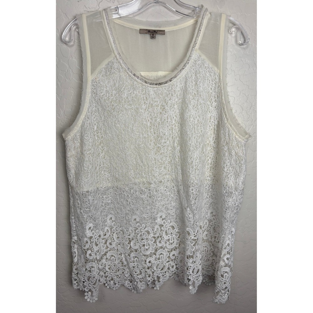 Miss Me Ivory Floral Lace Sleeveless Tank Top Mesh Yoke Bead Trim Medium 2781
